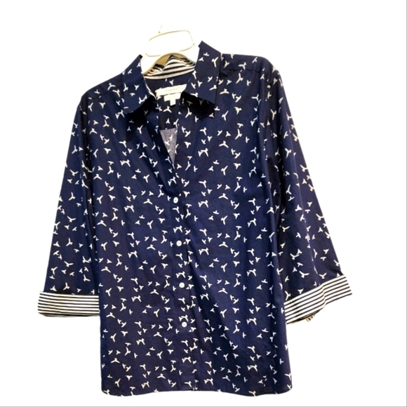 Foxcroft Tops - Fox Croft Navy Blue White Bird Button Down Shirt, Size XXL
